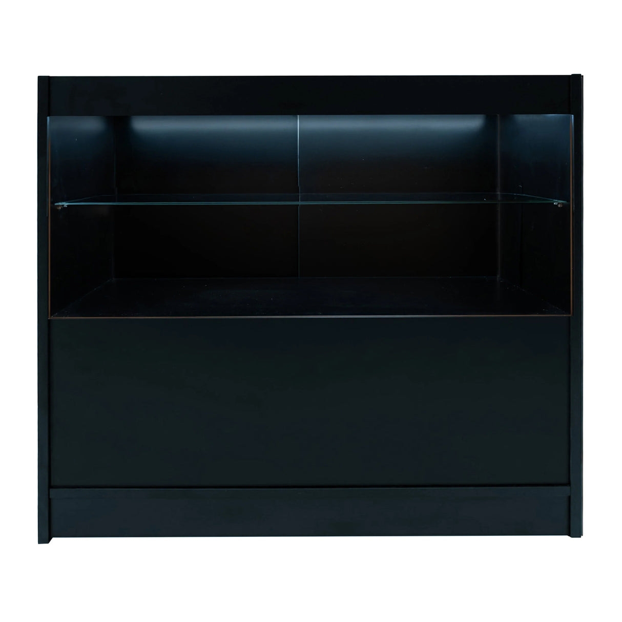 Black Selene LED shop counter set with sleek design, featuring a glass shelf and illuminated display area for showcasing products