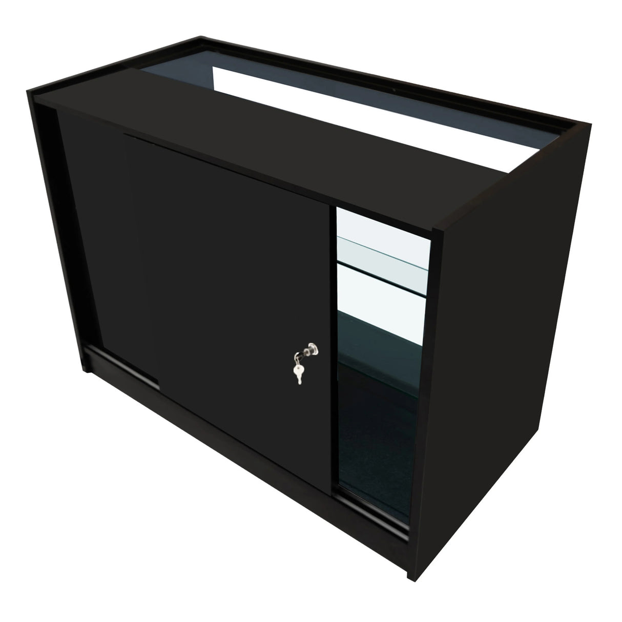 Black Helios LED shop counter set CM60 with sleek design, glass display shelves, and secure sliding door for retail use