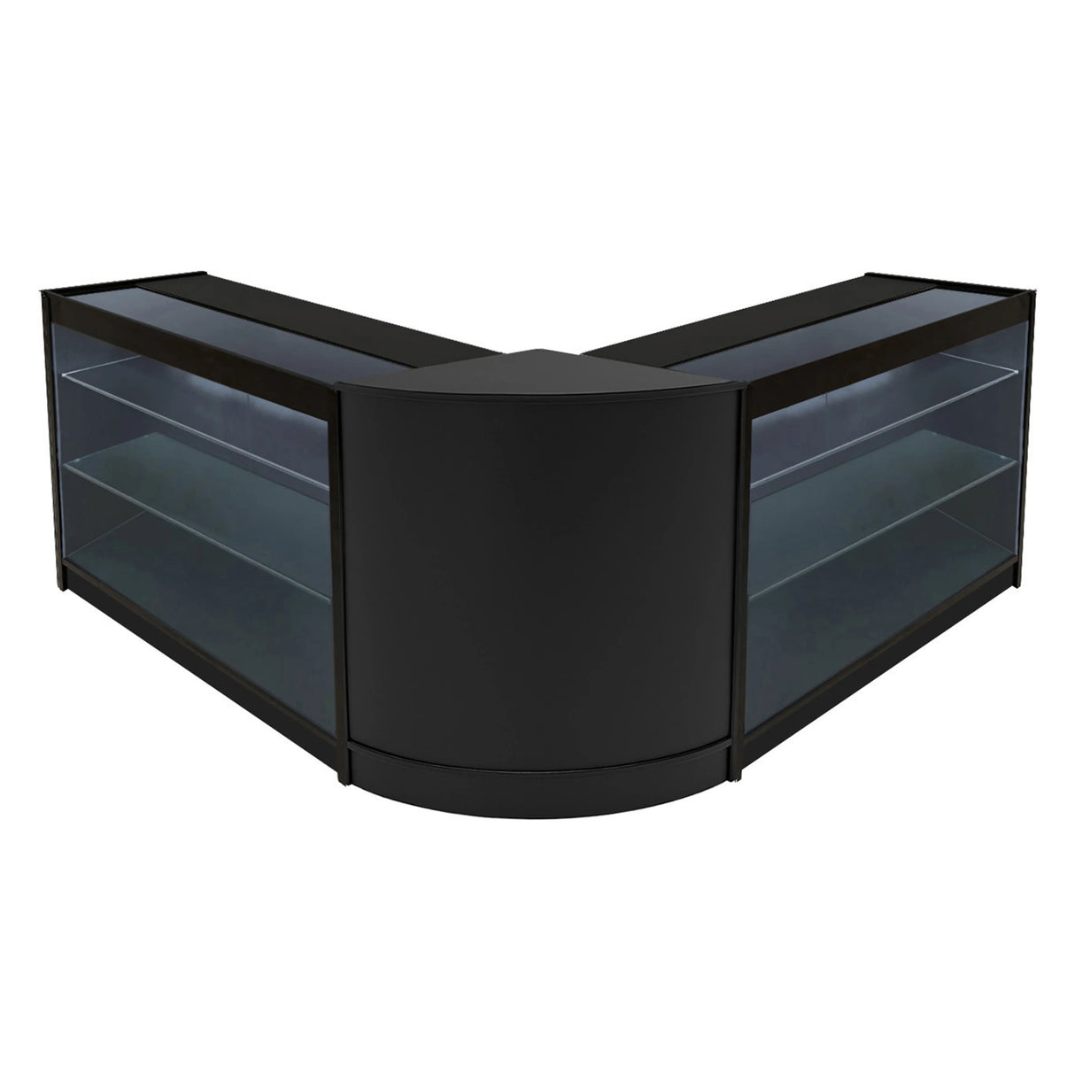 Black Helios LED shop counter set with two K1500 display units, featuring sleek glass shelves and a modern curved design