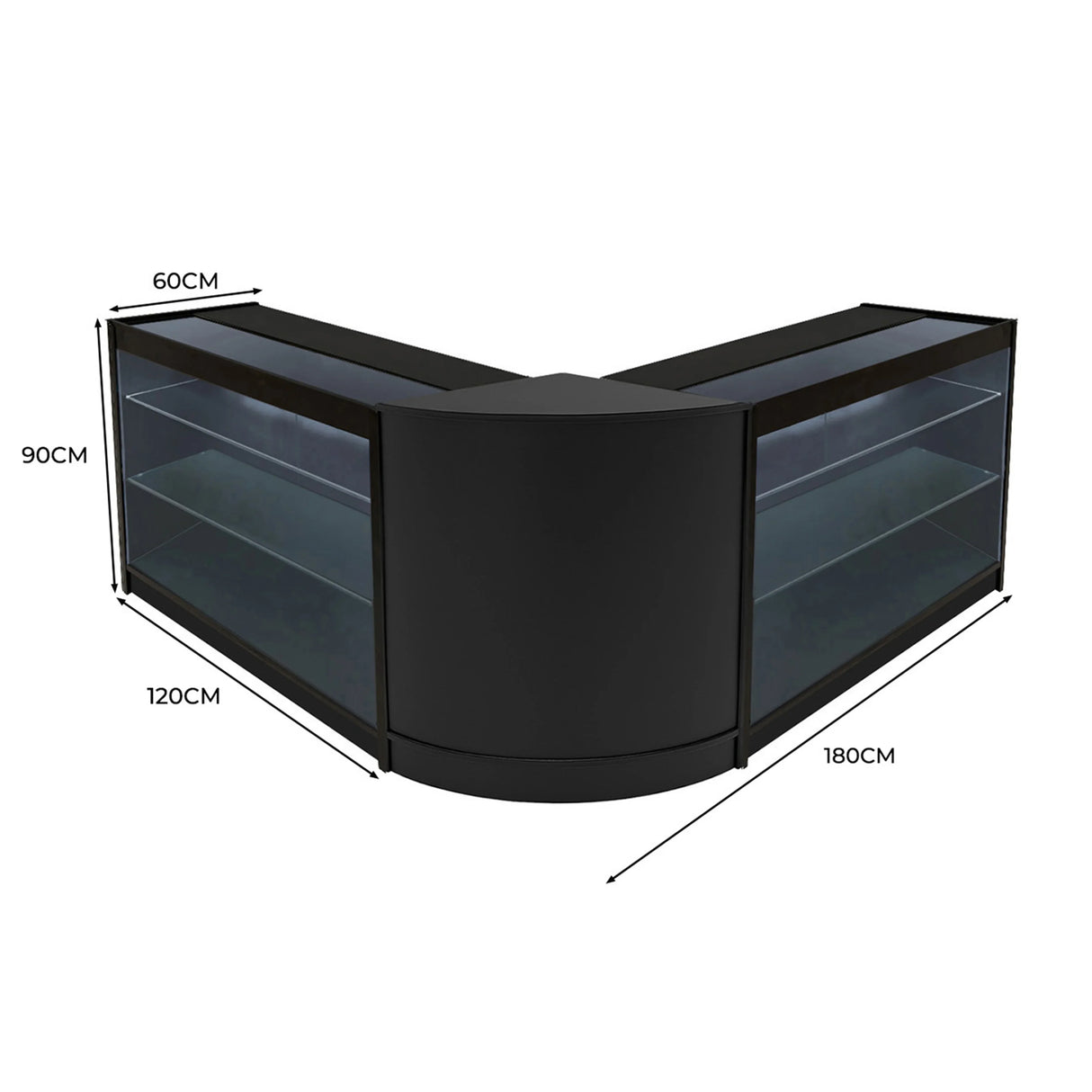 Black Helios LED shop counter set featuring a sleek, modern design with glass shelves, measuring 60cm by 120cm by 90cm