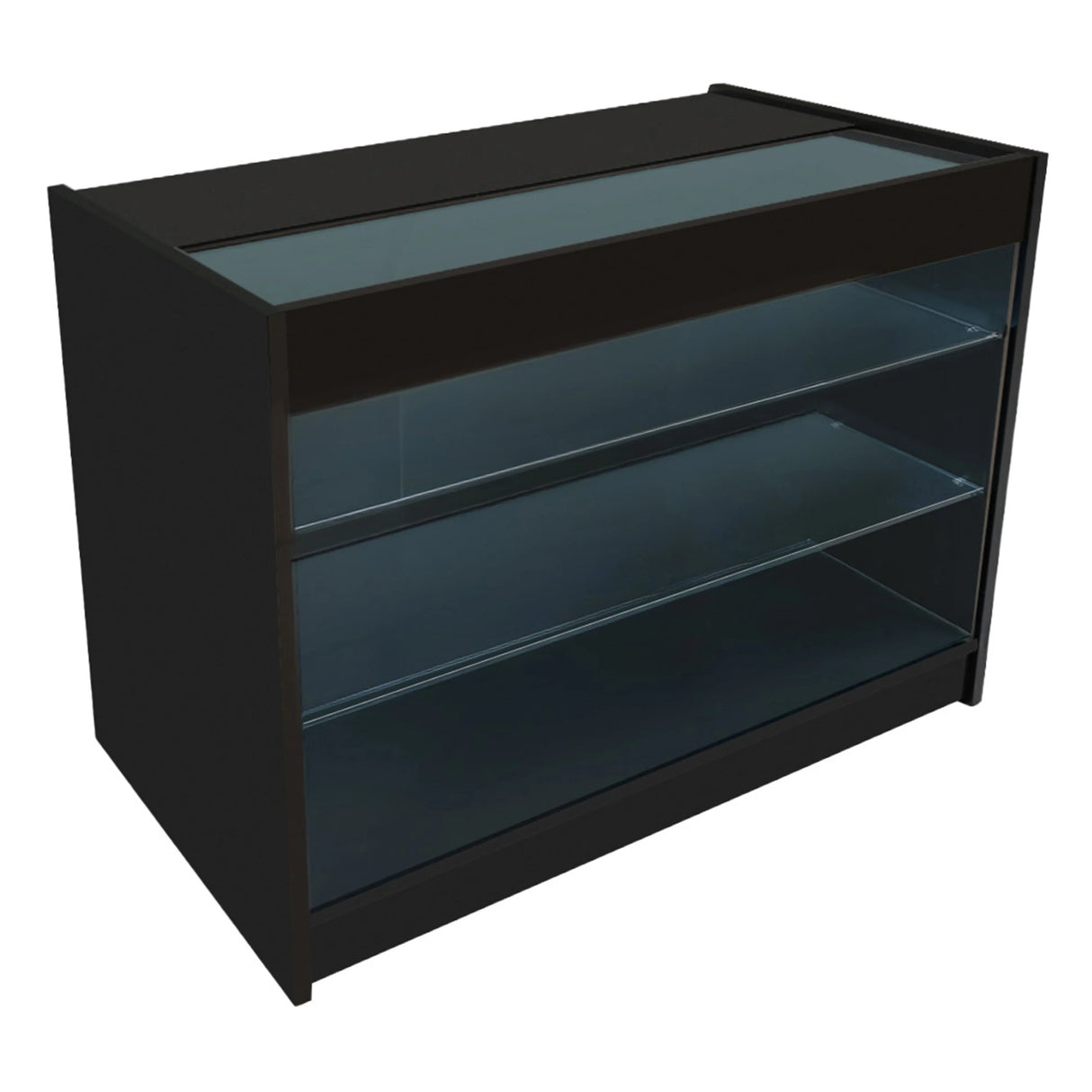 Helios LED black shop counter set CM60 with two K1500 shelves, featuring a sleek design and glass display for showcasing products