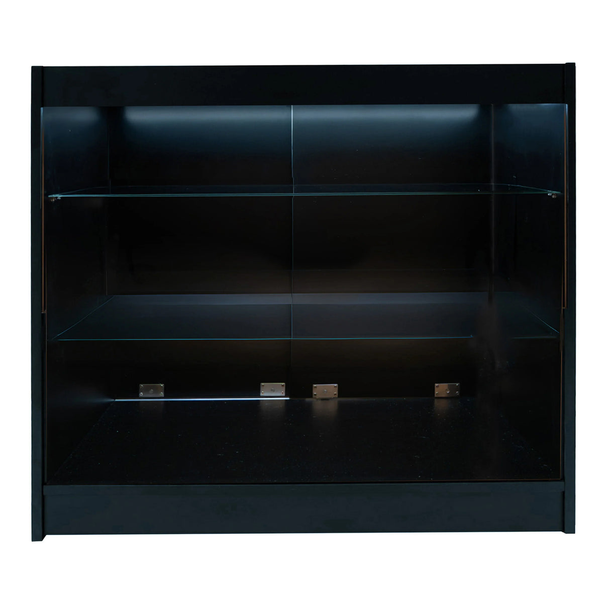 Black Helios LED shop counter set CM60 with two K1500 shelves, featuring sleek glass panels and a modern design for display purposes