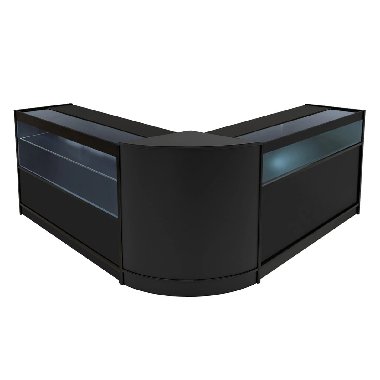 Adonis LED Shop Counter Set in black features a sleek, modern design with glass display sections and smooth curved edges