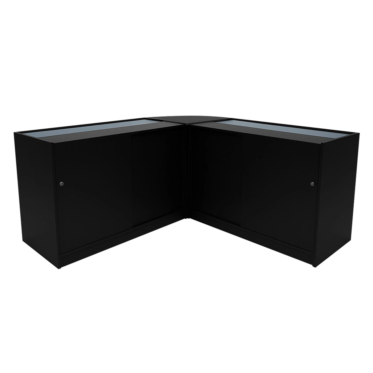 Black Adonis LED shop counter set featuring sleek design, glass display tops, and ample storage space for retail environments
