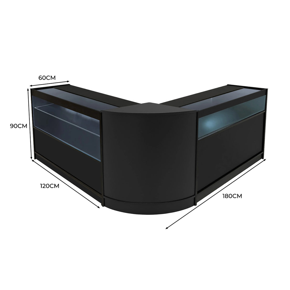 Black Adonis LED Shop Counter Set featuring a sleek design with glass display sections, measuring 180cm wide and 90cm tall