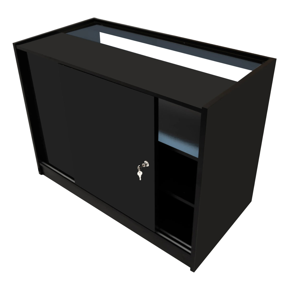 Triton LED Shop Counter Set in sleek black, featuring a sliding door, open shelves, and a modern design ideal for retail spaces