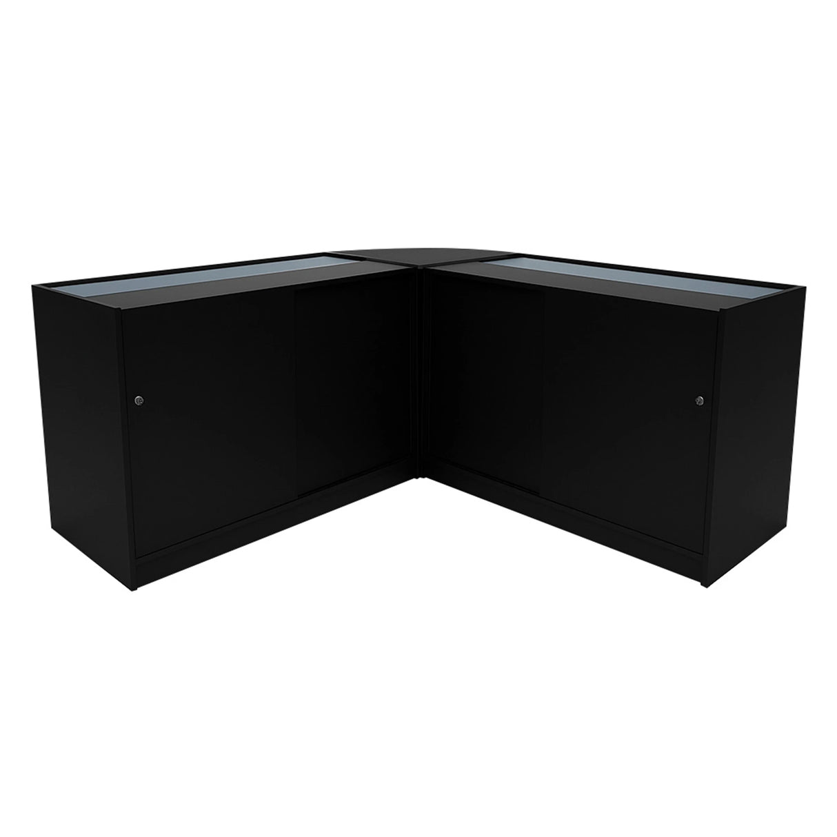 Triton LED Shop Counter Set in sleek black, featuring two corner cabinets with glass tops and smooth surfaces for display and storage