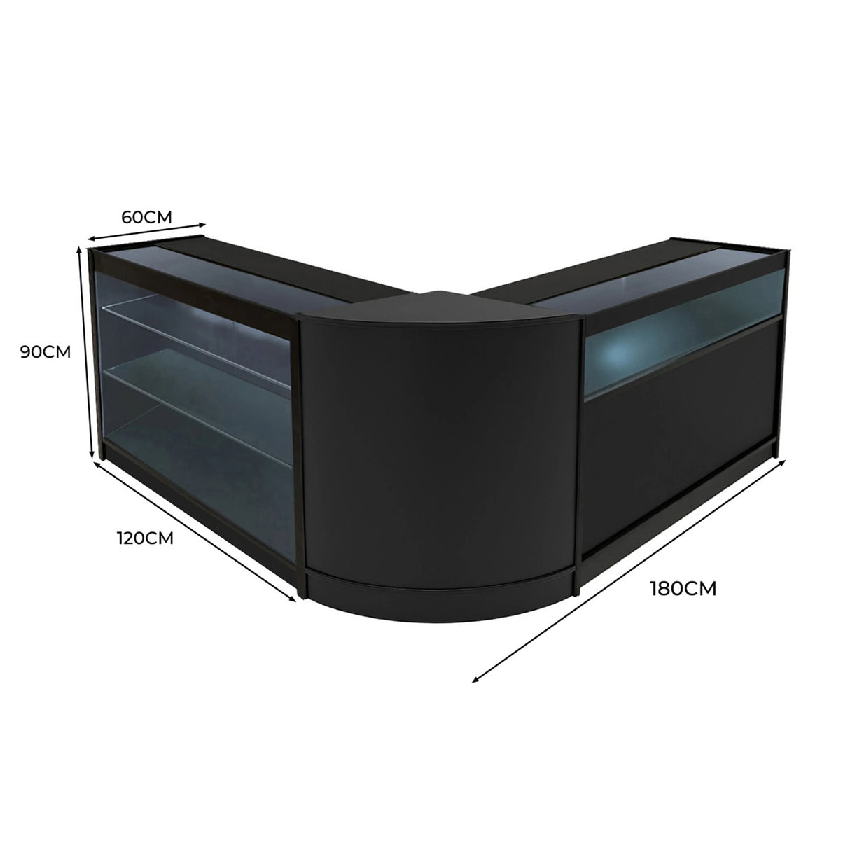 Triton LED Shop Counter Set in black, featuring sleek glass displays, curved edges, and dimensions of 120cm x 180cm x 90cm