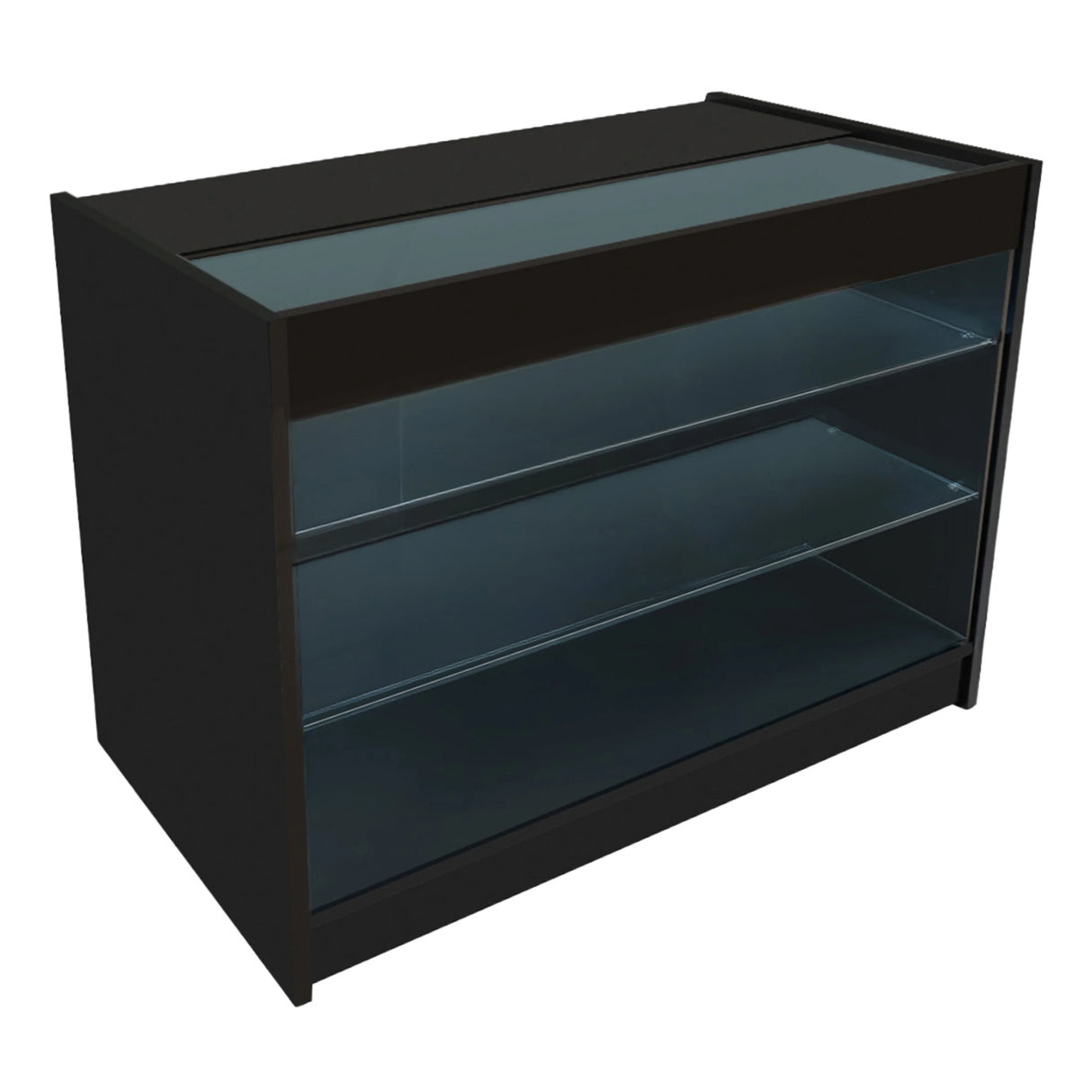 Triton LED Shop Counter Set in black with a sleek design, featuring a glass top and two spacious glass shelves for display