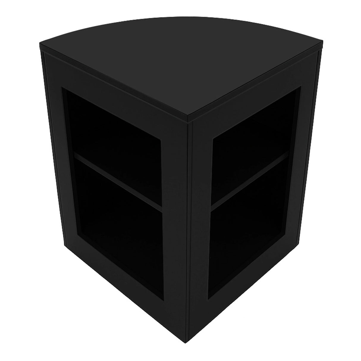 Black Triton LED shop counter set featuring a sleek corner design, smooth finish, and two open shelves for display or storage