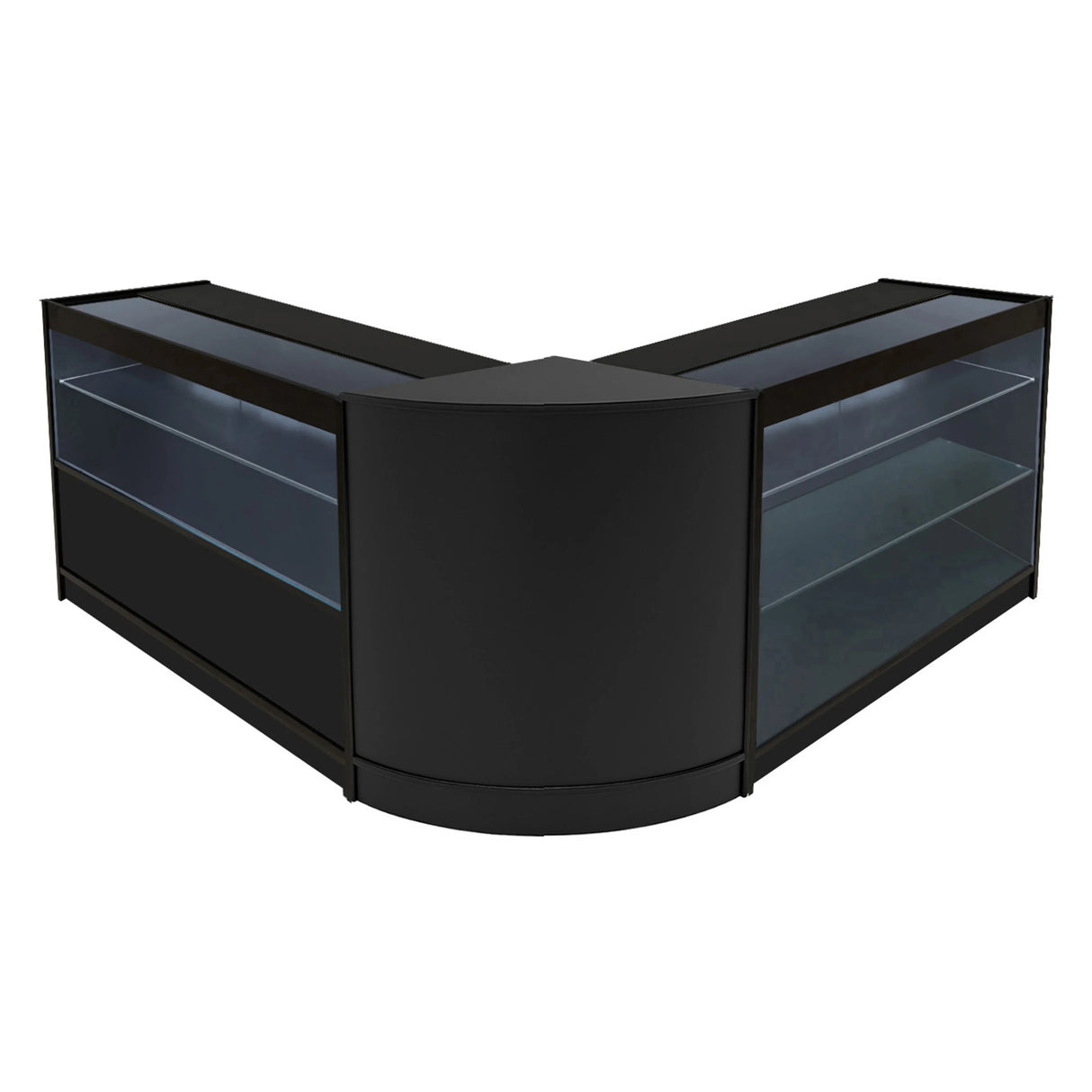 Sleek black Hera LED shop counter set featuring curved design, glass display shelves, and modern aesthetic for retail spaces