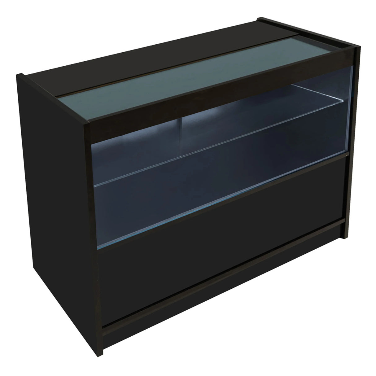 Hera LED Shop Counter Set in black features a sleek design with a glass top, illuminated interior, and spacious storage below