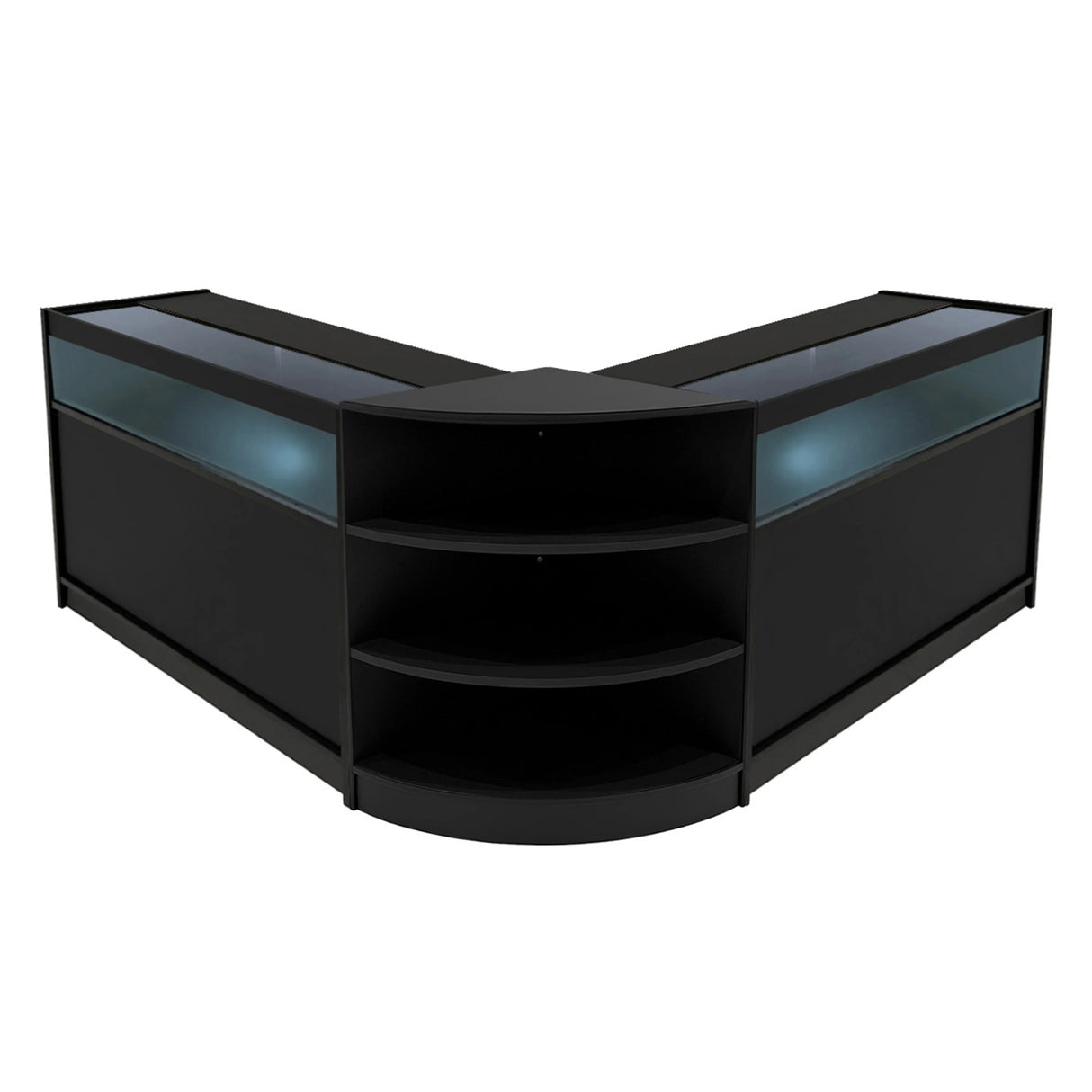 Theseus LED shop counter set in sleek black, featuring glass display tops and curved shelving for stylish retail presentation