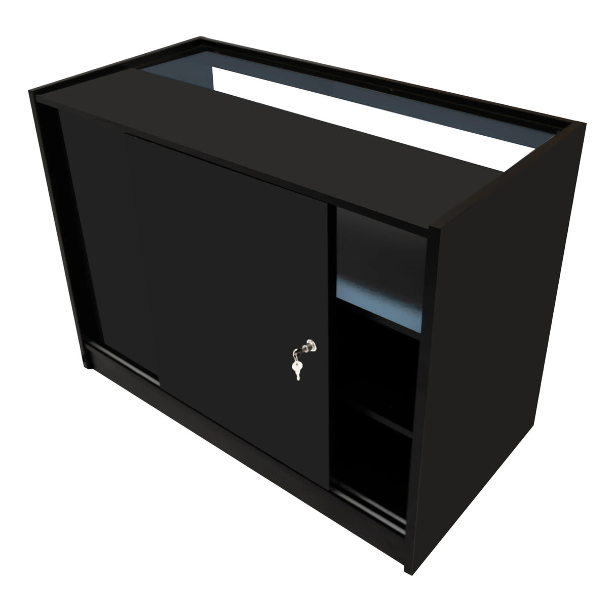 Theseus LED shop counter set in sleek black, featuring a sliding door, open shelf, and illuminated top for stylish display