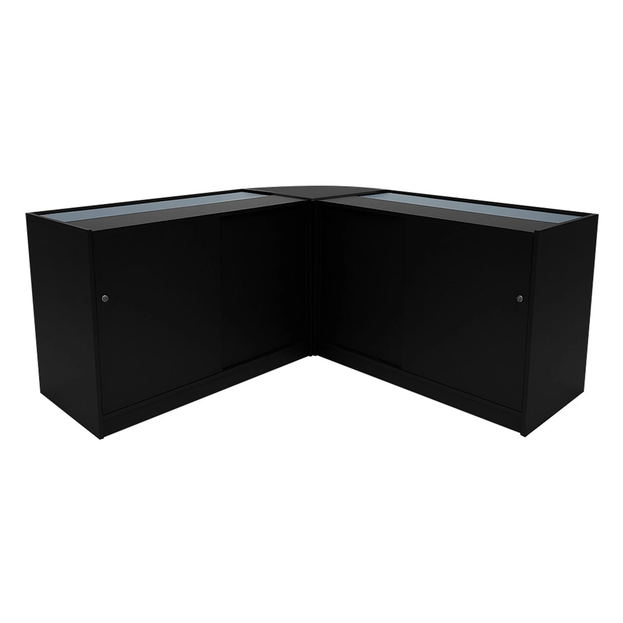 Theseus LED shop counter set in sleek black, featuring two B1200 display cabinets with glass tops and modern design elements