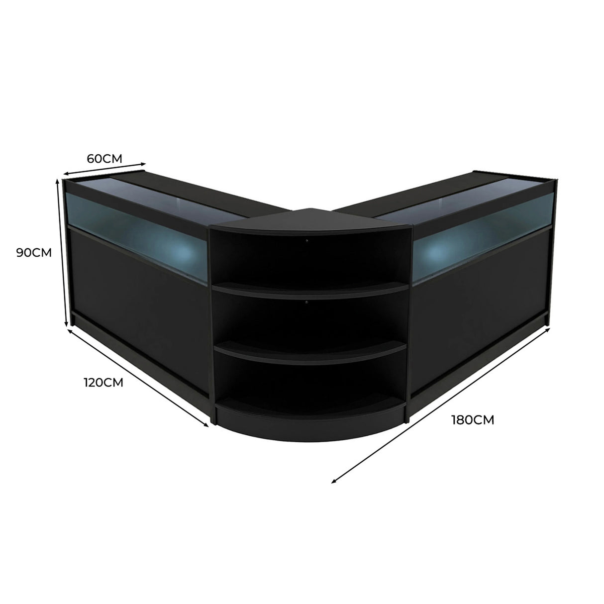 Theseus LED Shop Counter Set in black, featuring sleek glass displays, curved edges, and ample shelving for storage and display