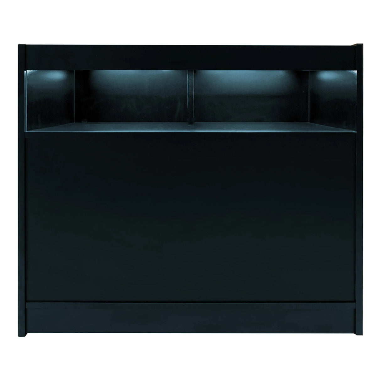 Theseus LED shop counter set in sleek black, featuring a smooth surface and integrated LED lighting for modern display aesthetics