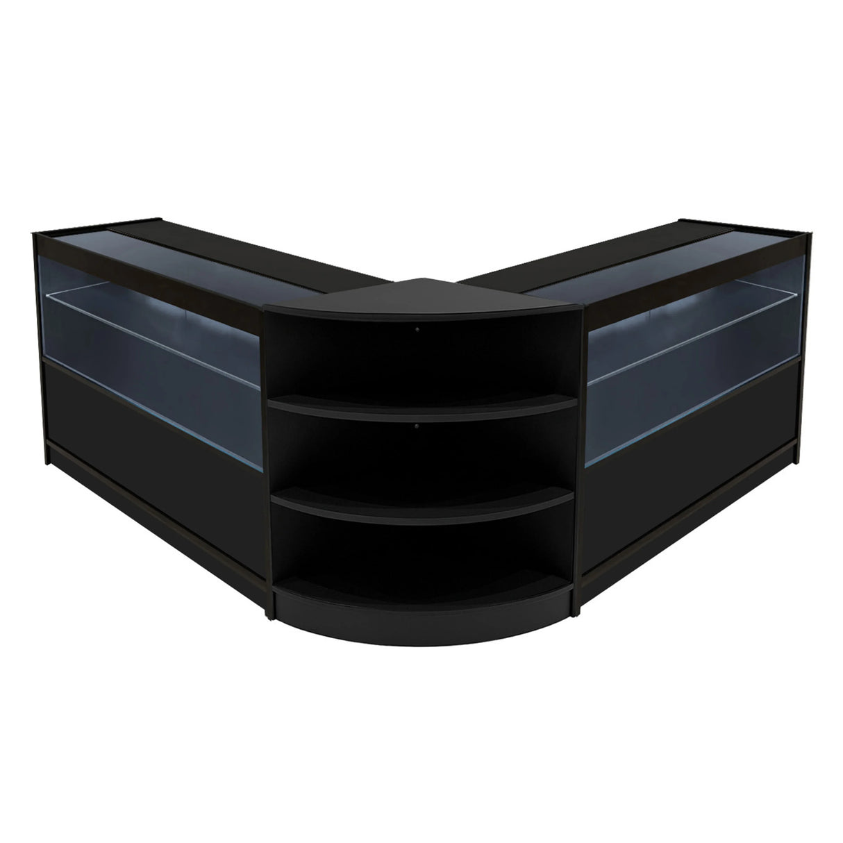 Black Andromeda LED shop counter set featuring a sleek, modern design with glass display sections and curved shelving for optimal product visibility