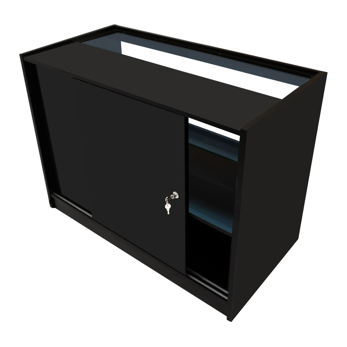 Sleek black Andromeda LED shop counter set with a sliding door, open shelving, and modern design, ideal for retail displays