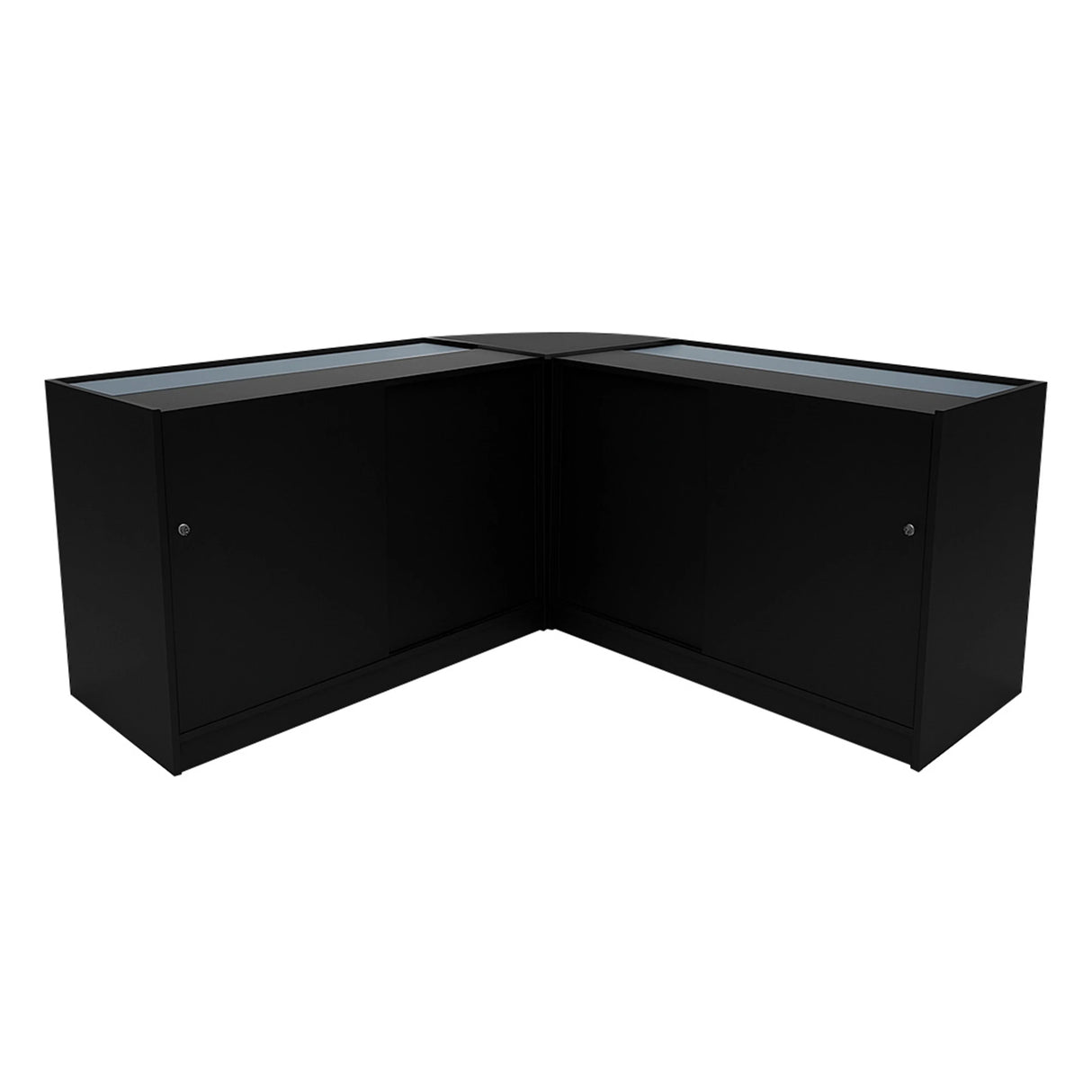Black Andromeda LED shop counter set featuring sleek glass tops, modern design, and two spacious cabinets for storage