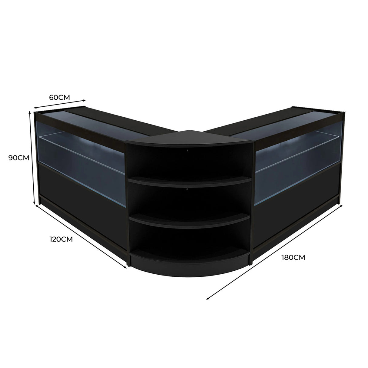 Black Andromeda LED shop counter set featuring sleek curved design, glass display shelves, and modern LED lighting, dimensions 60x120x180 cm