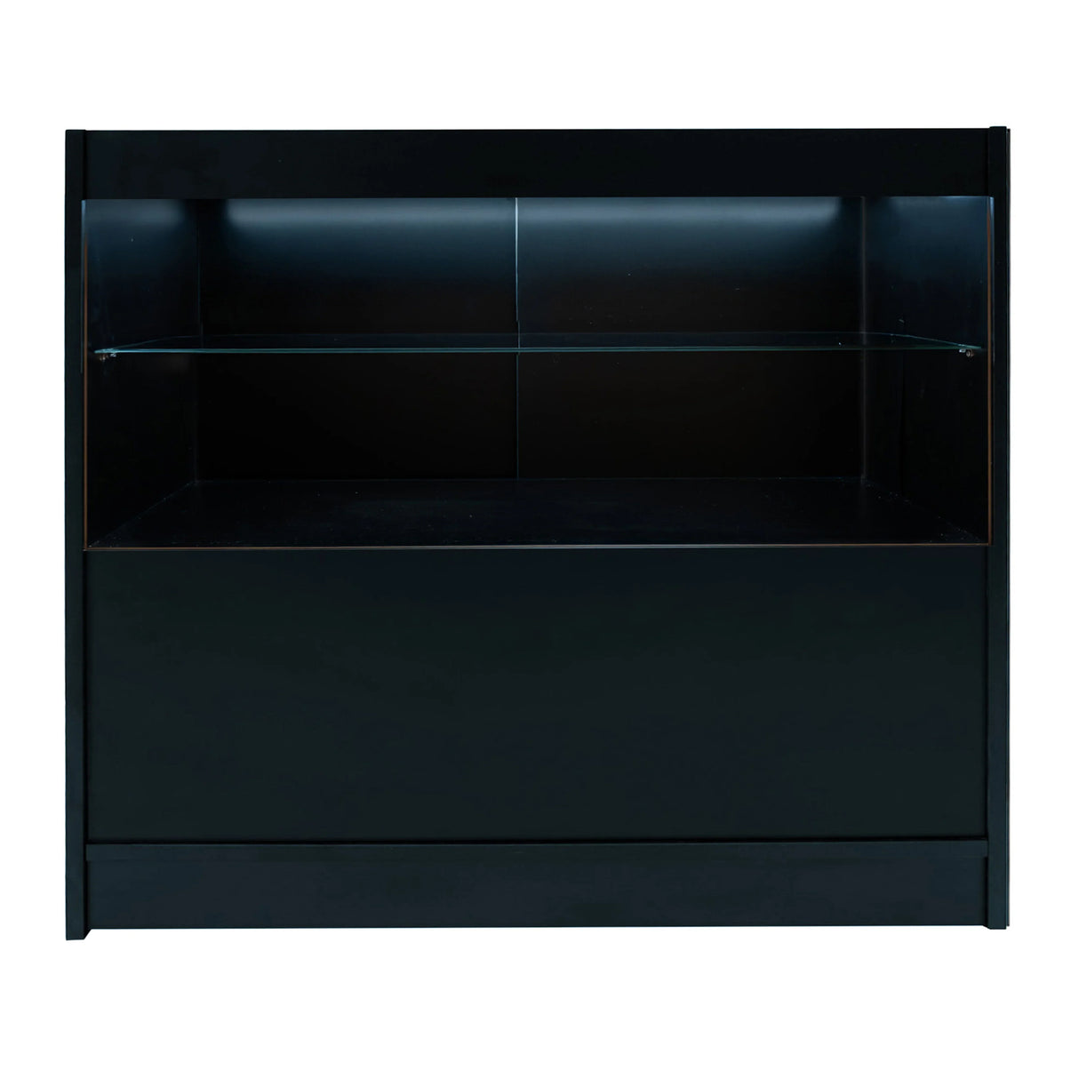 Sleek black Andromeda LED shop counter set featuring a glass shelf and illuminated back panel, perfect for retail displays