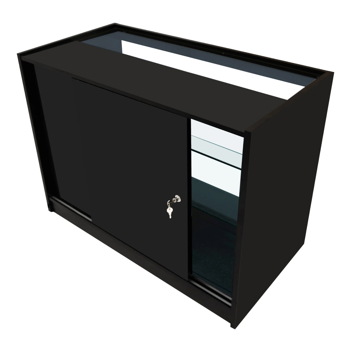 Sleek black Apollo LED shop counter set with sliding door, glass shelves, and modern design, perfect for retail displays