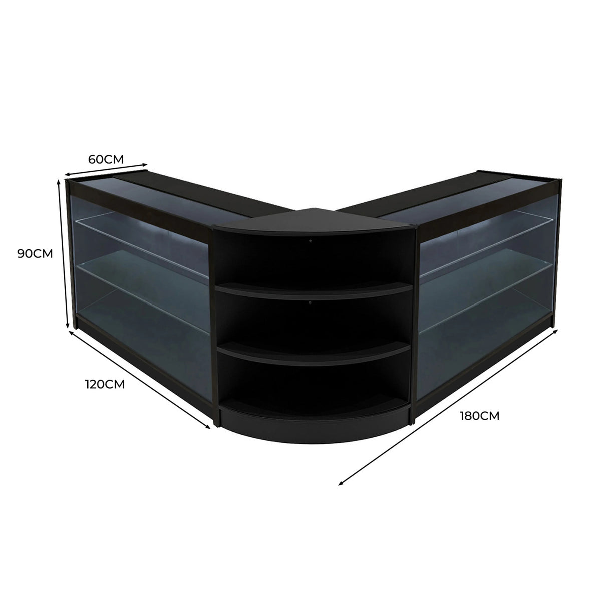 Black Apollo LED shop counter set featuring a sleek design with glass shelves, measuring 180cm wide, 90cm high, and 60cm deep