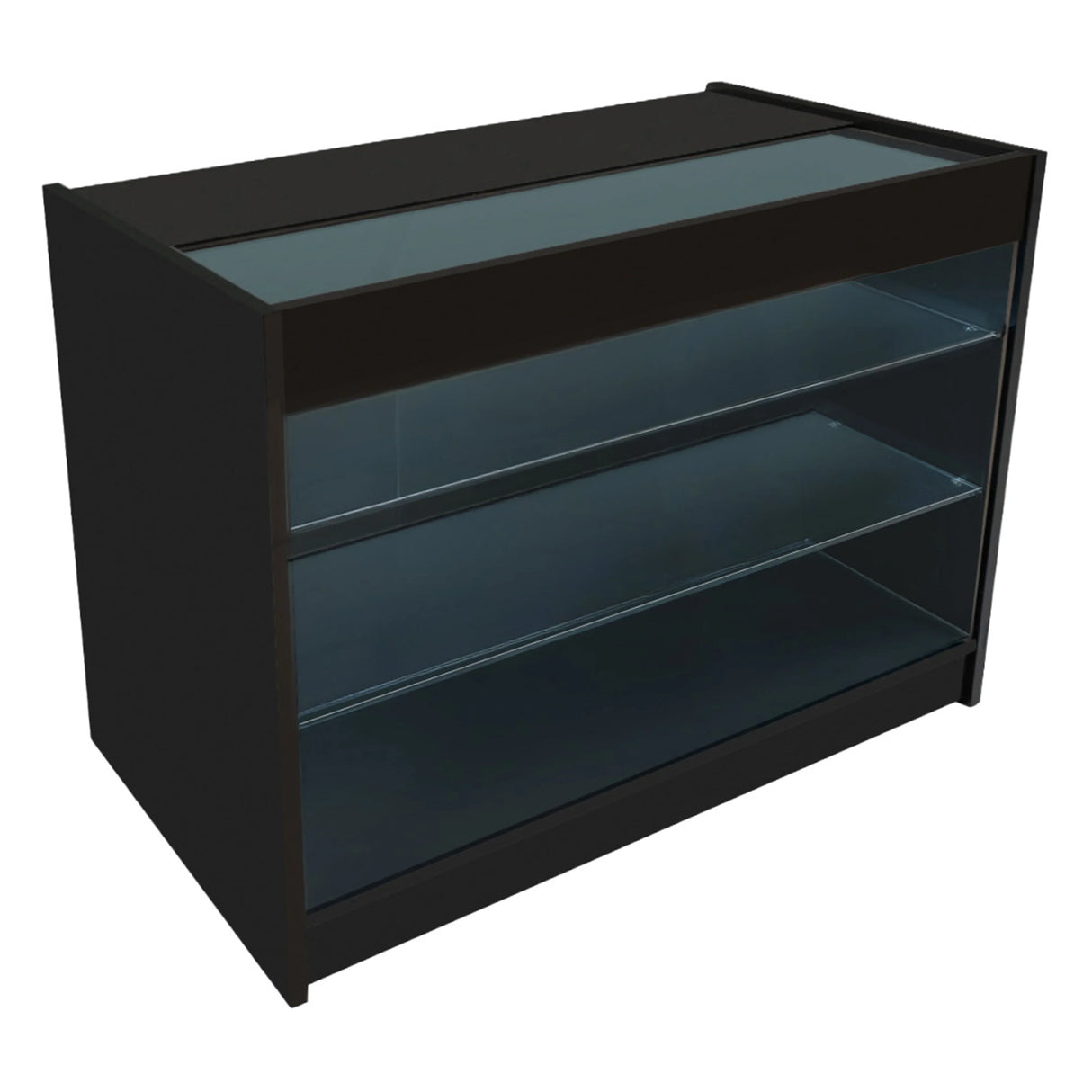 Black Apollo LED shop counter set with glass shelves, sleek design, and illuminated top, ideal for retail displays and showcasing products