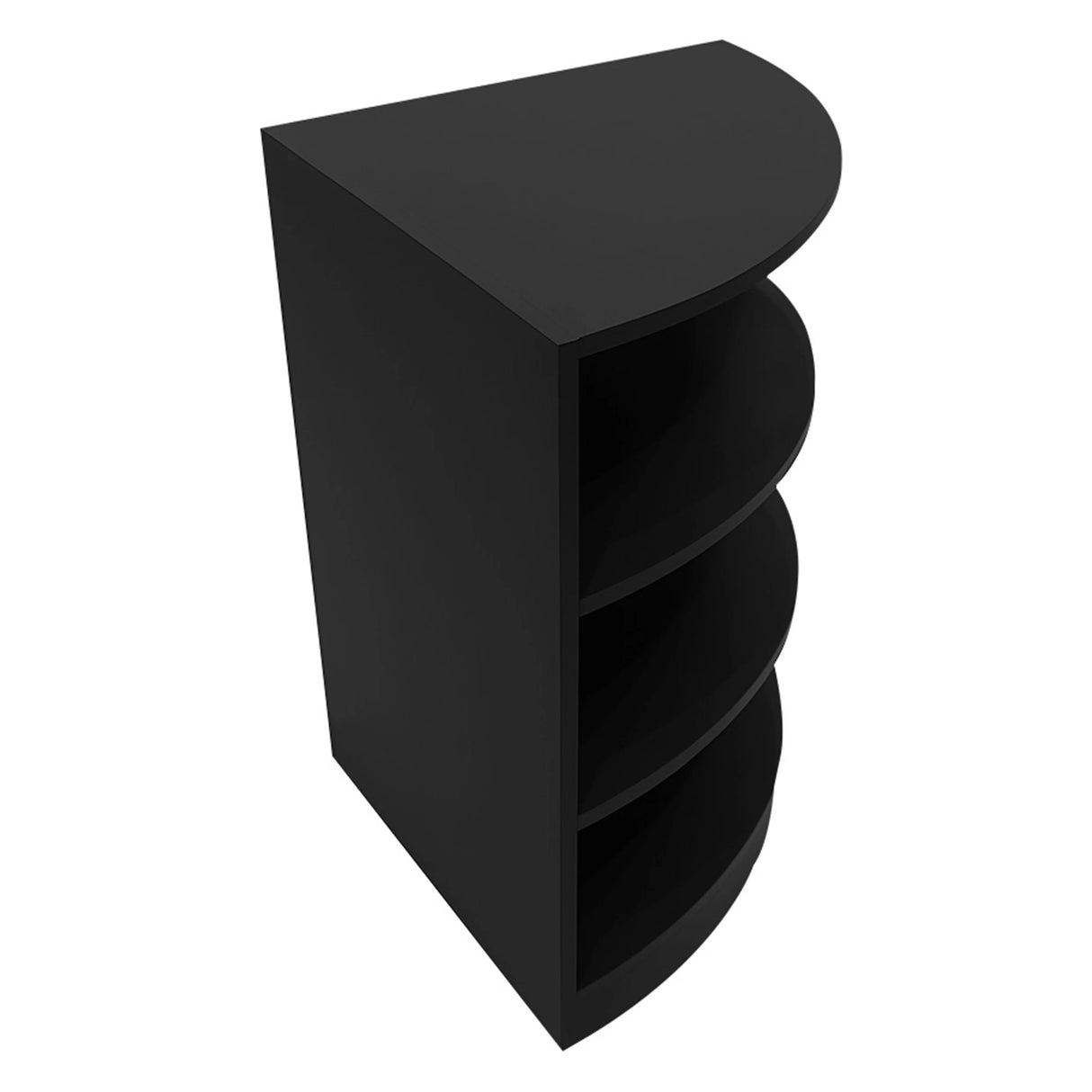 Black Apollo LED shop counter set featuring a sleek half-moon design with three open shelves for display and storage
