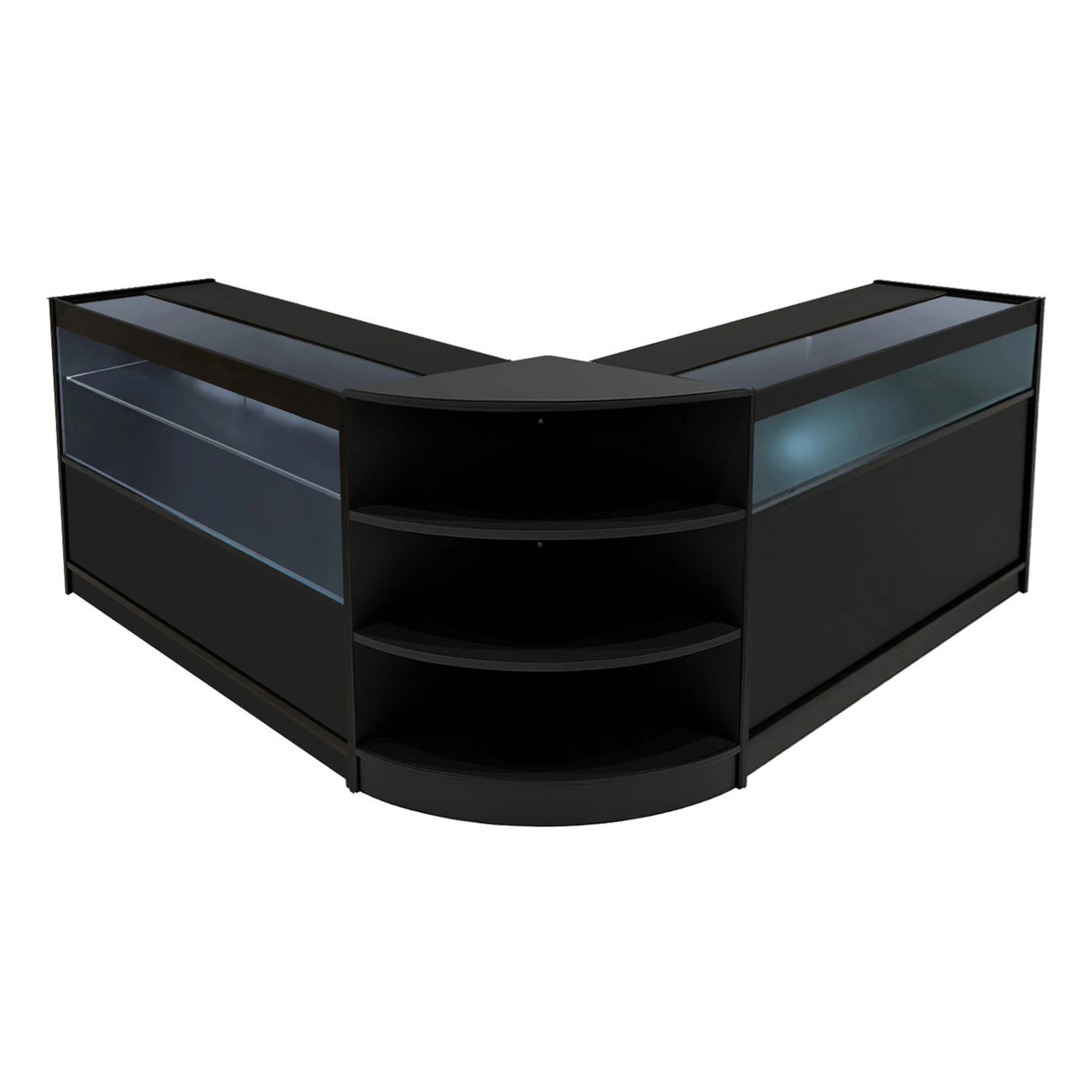 Harmonia LED Shop Counter Set in sleek black, featuring curved design, glass display sections, and open shelving for storage