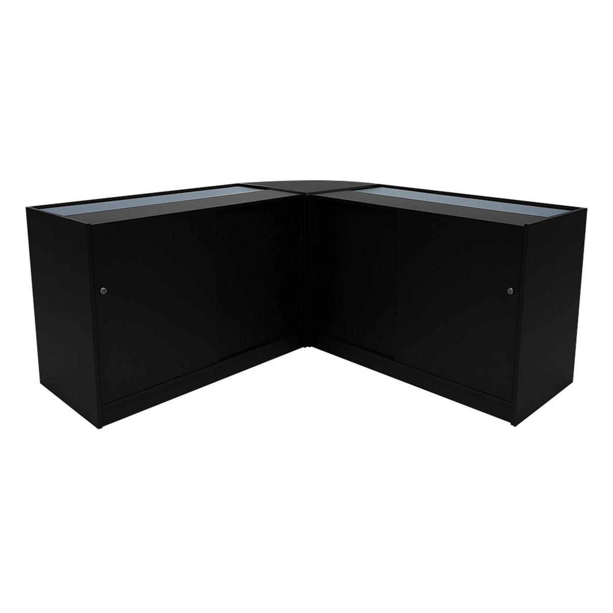 Harmonia LED Shop Counter Set in sleek black, featuring a modern corner design with glass display tops and spacious storage cabinets