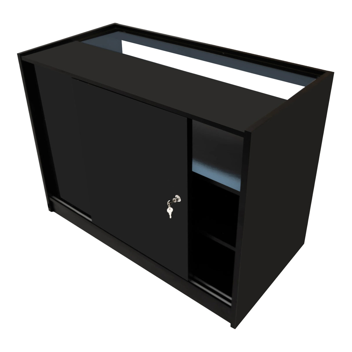 Demeter LED Shop Counter Set in sleek black, featuring a sliding door, open shelving, and a smooth surface for display and storage