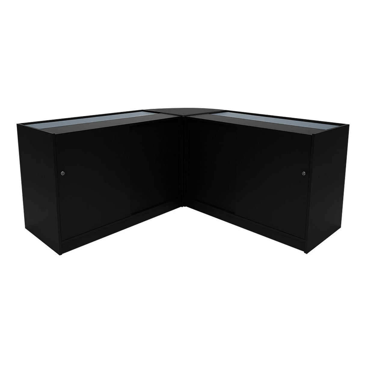 Black Demeter LED shop counter set featuring sleek design, glass display tops, and spacious storage cabinets for retail use