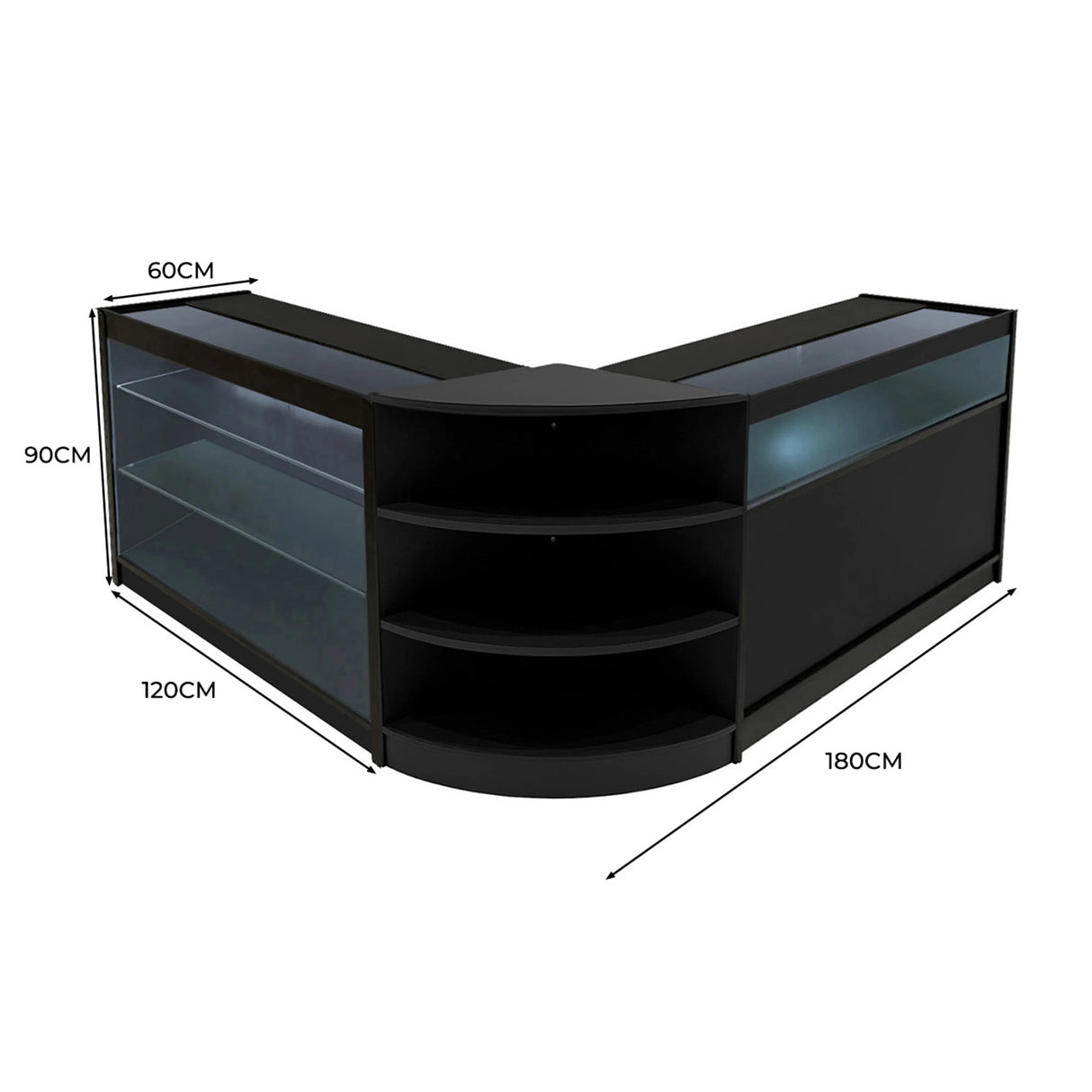 Black Demeter LED Shop Counter Set featuring sleek glass shelves, modern design, and dimensions of 120cm x 180cm x 90cm