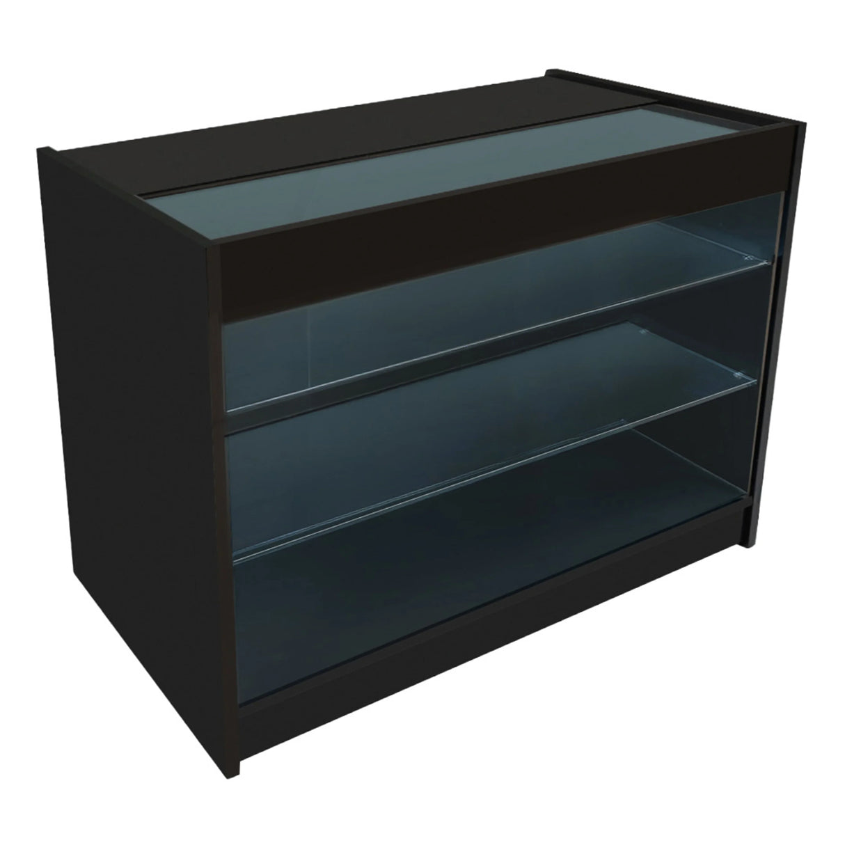 Demeter LED Shop Counter Set in black featuring a sleek design, glass top, and two spacious shelves for display storage