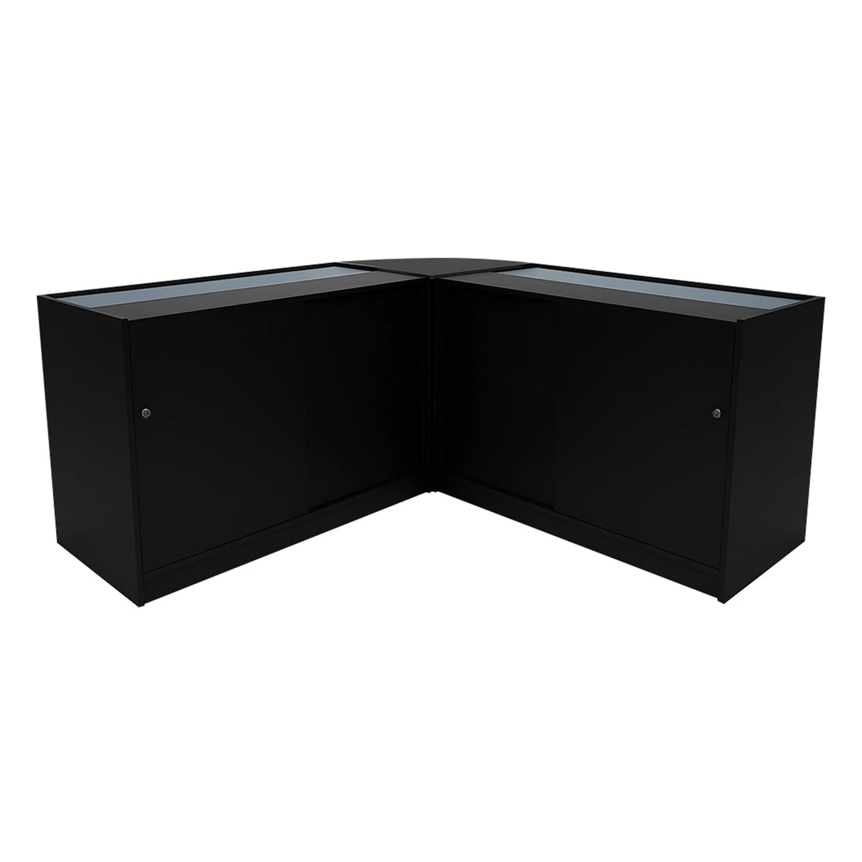 Black Calliope LED shop counter set featuring sleek design, glass display tops, and spacious storage cabinets for retail use