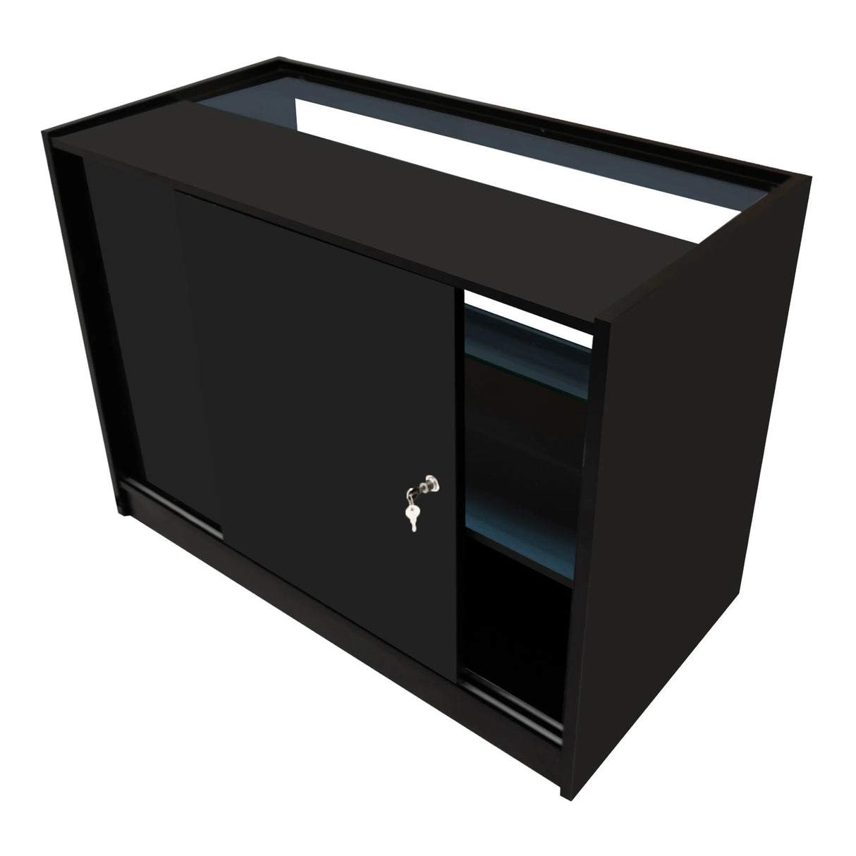 Black Phoenix LED shop counter set featuring a sleek design, sliding door, and open shelving for storage and display
