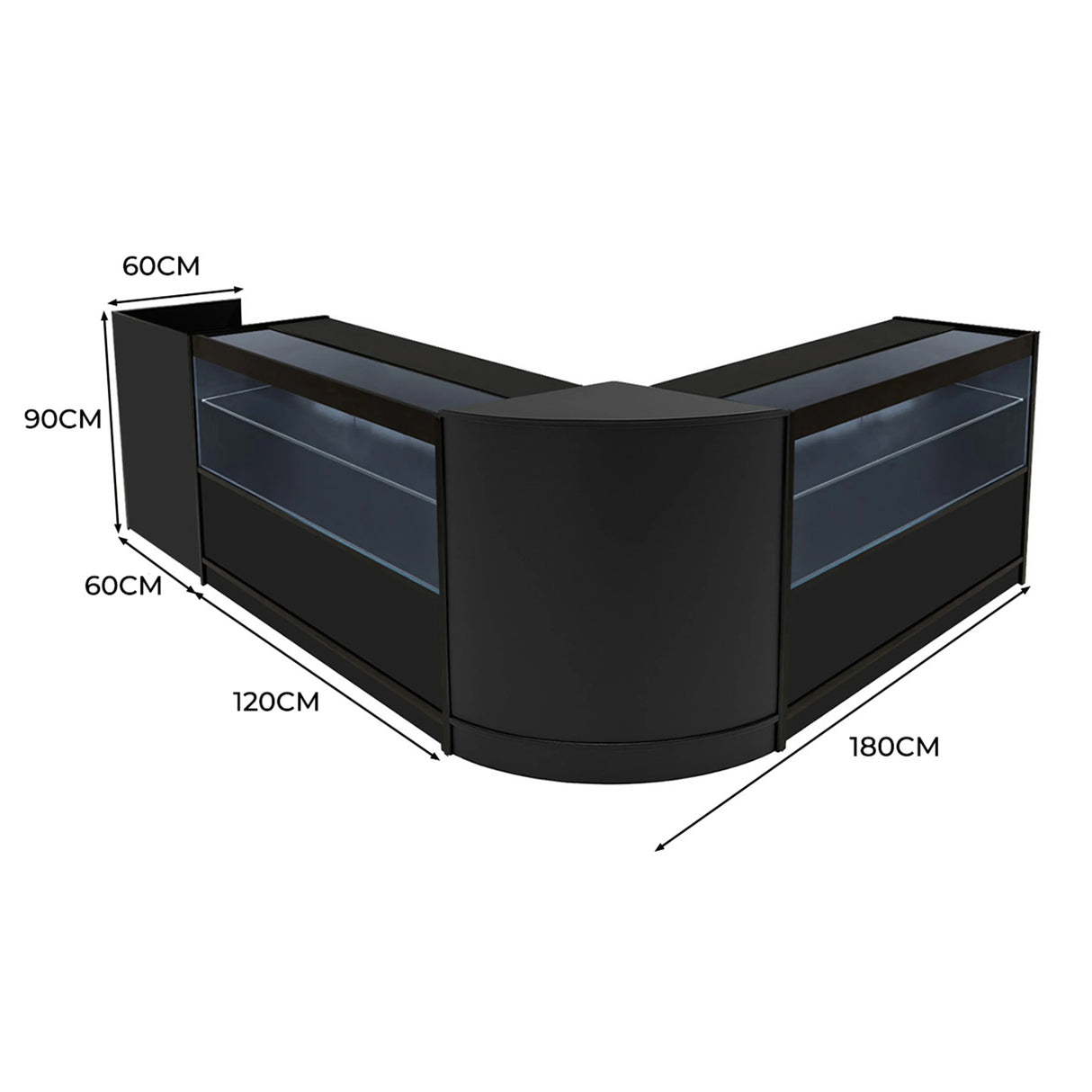 Black Phoenix LED shop counter set featuring a sleek, modern design with curved edges, showcasing dimensions of 60cm, 90cm, and 120cm