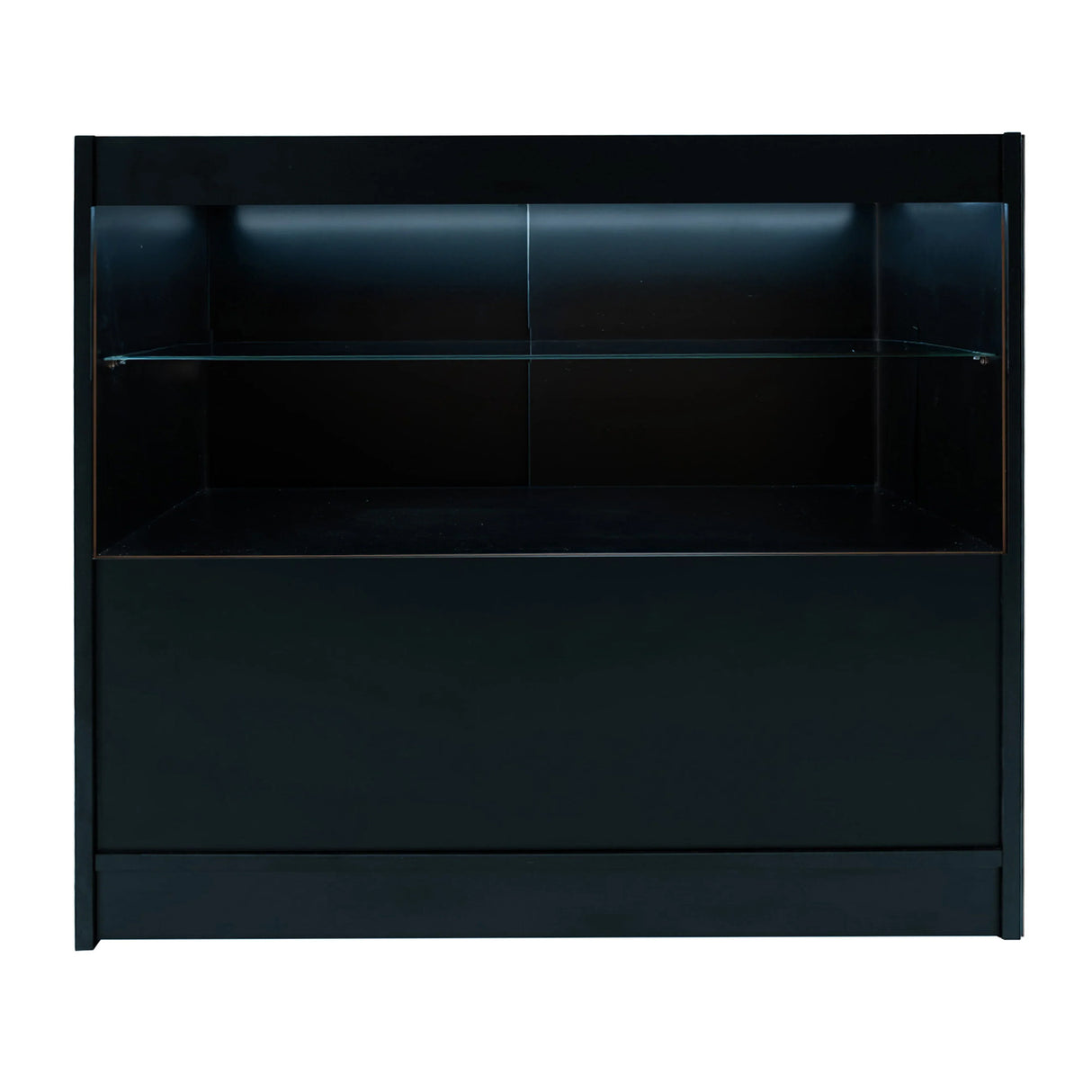 Black Phoenix LED shop counter set featuring sleek design, glass shelves, and integrated lighting for modern retail displays