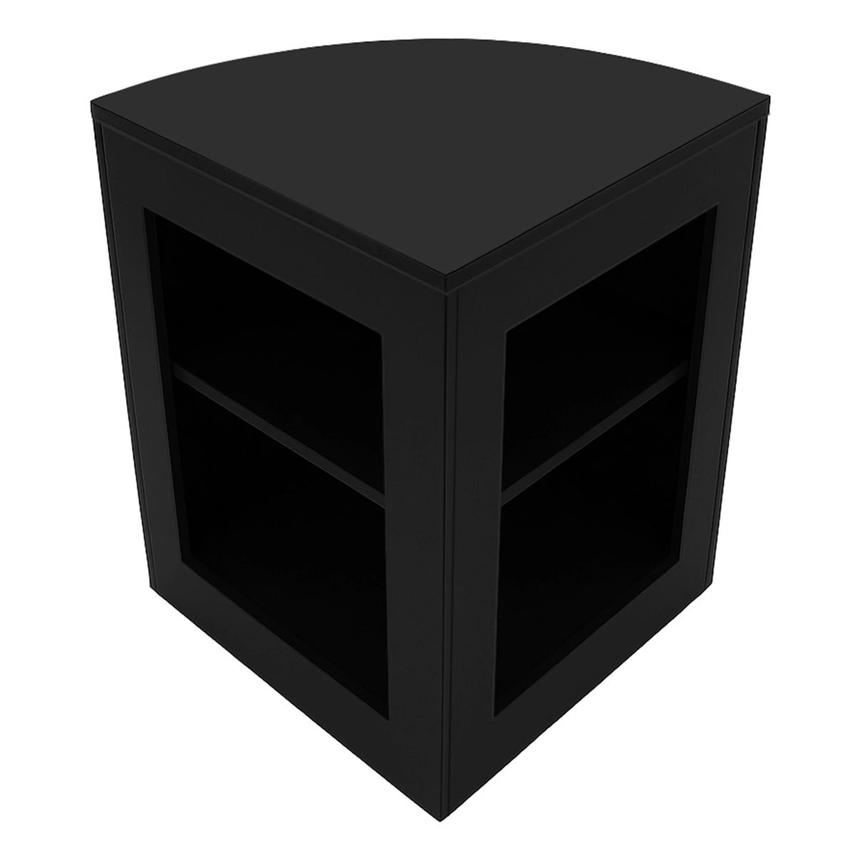 Black corner LED shop counter with two open shelves, sleek design, and modern finish, ideal for retail displays and promotions