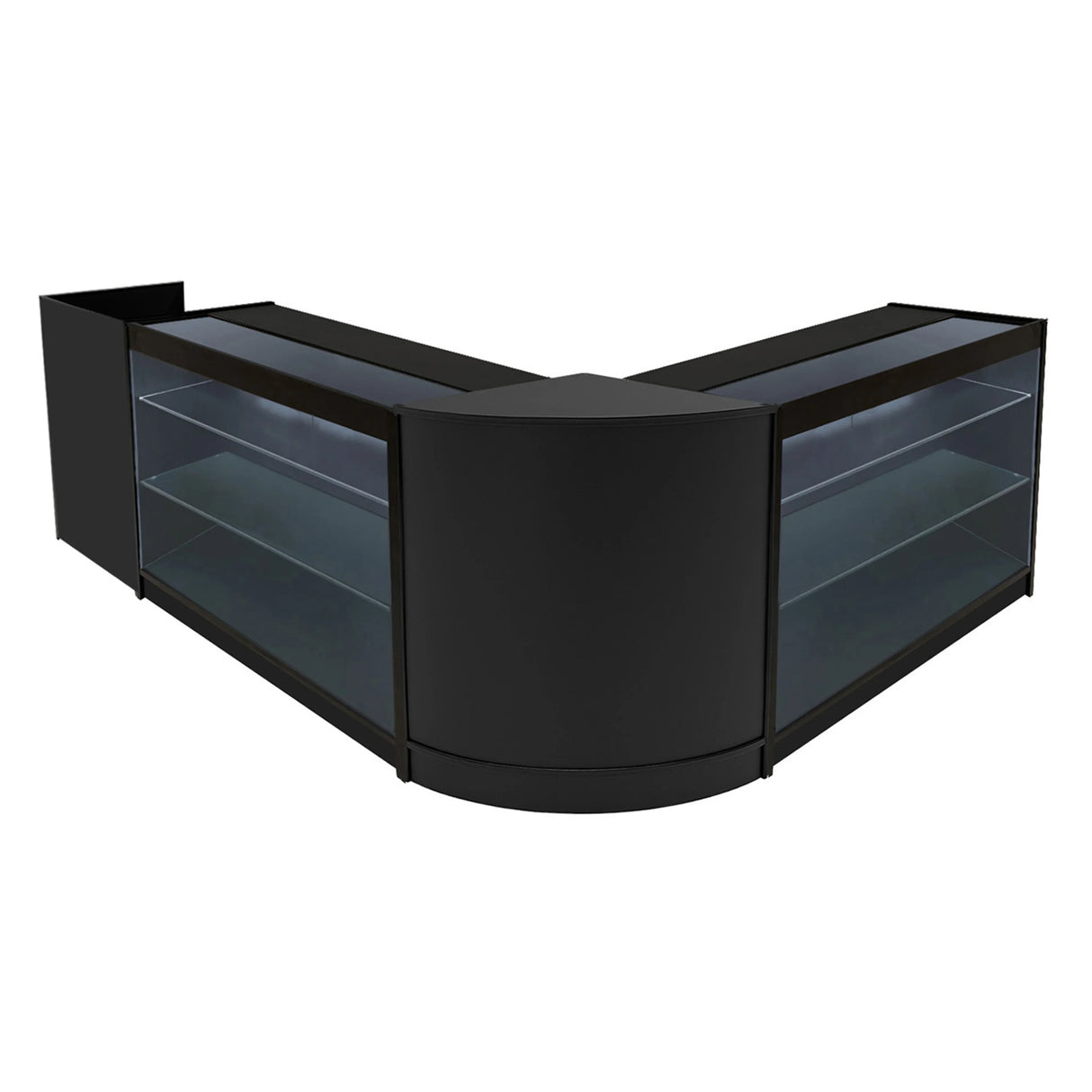 Black Aries LED Shop Counter Set featuring sleek glass shelves and a modern design, ideal for retail displays and showcasing products