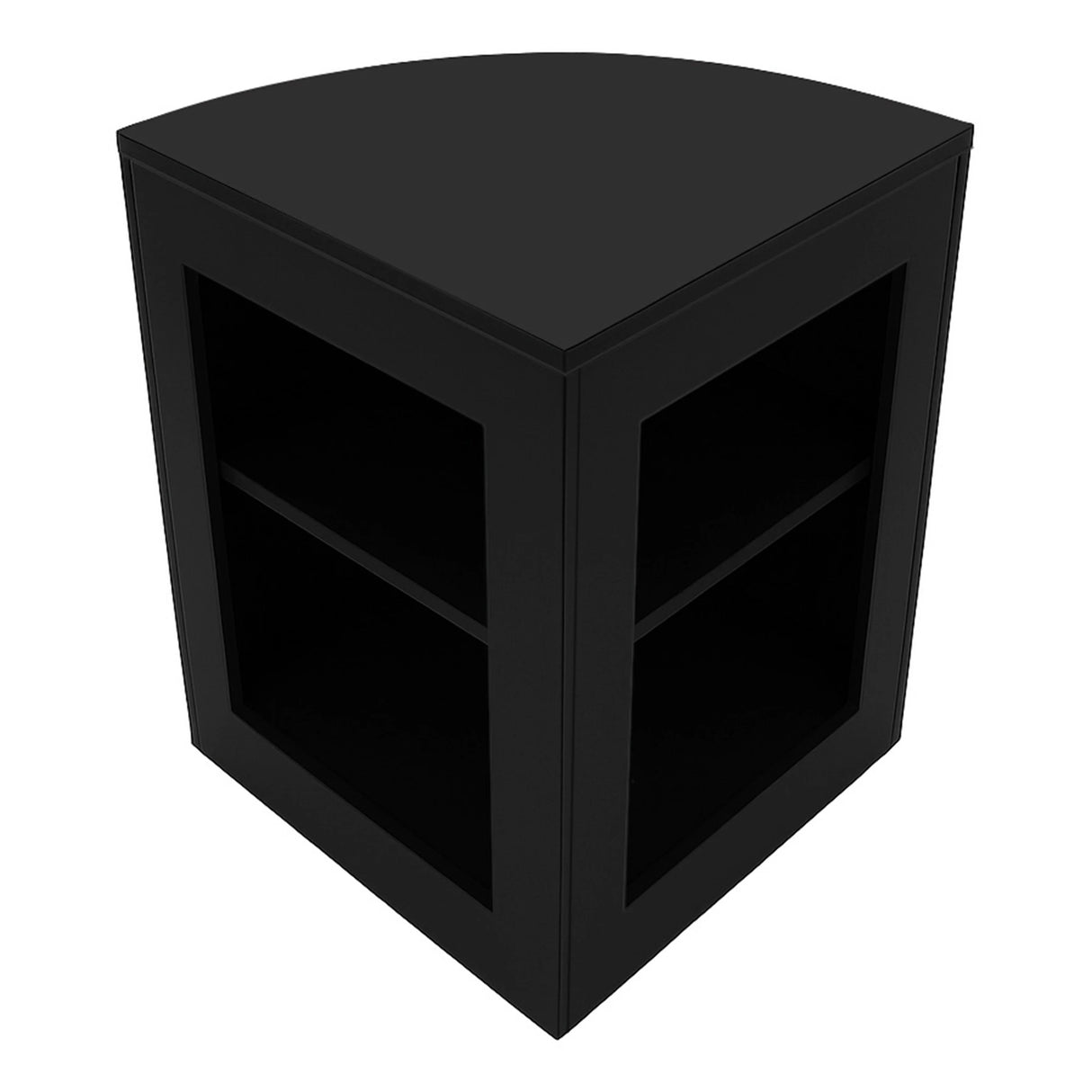 Black corner LED shop counter with two shelves, sleek design, and modern finish, ideal for retail displays and product organization