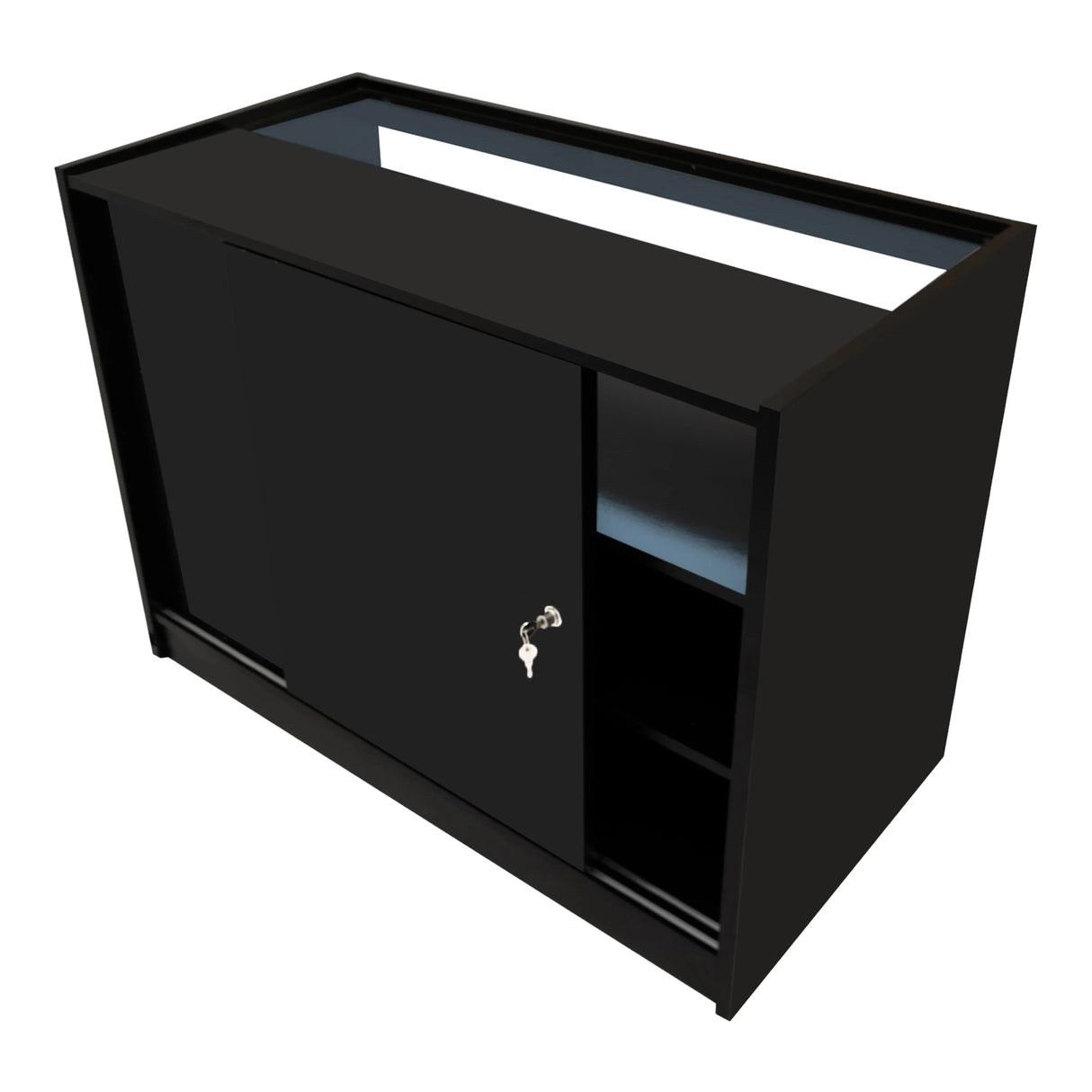 Gravity LED Shop Counter Set in black, featuring a sleek design with sliding doors, storage shelves, and a smooth finish