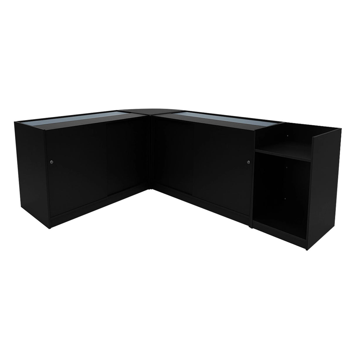 Black Gravity LED Shop Counter Set featuring sleek glass tops, modern design, and ample storage space with cabinets and open shelving