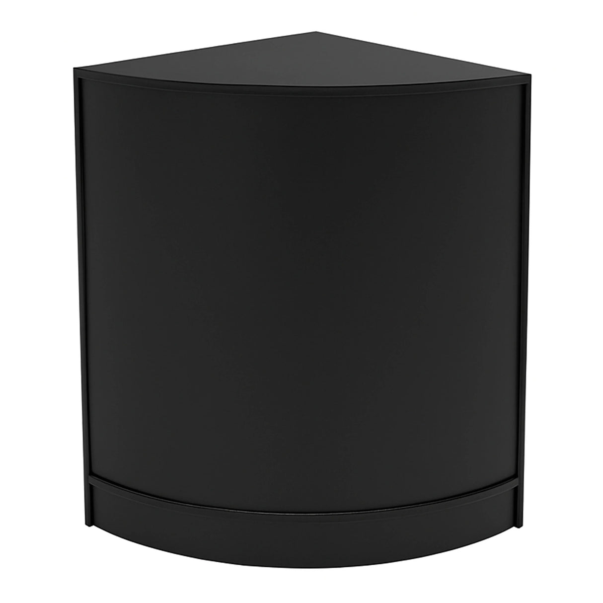 Black corner display counter with a sleek, modern design, featuring a smooth finish and rounded edges, ideal for retail spaces