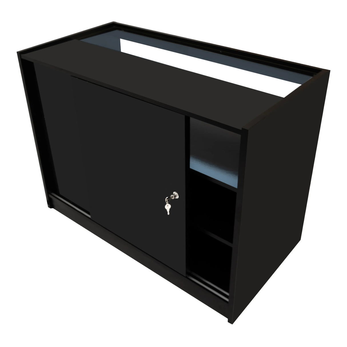 Polaris LED Shop Counter Set in sleek black, featuring a sliding door, open shelving, and a smooth, glossy finish for modern retail spaces