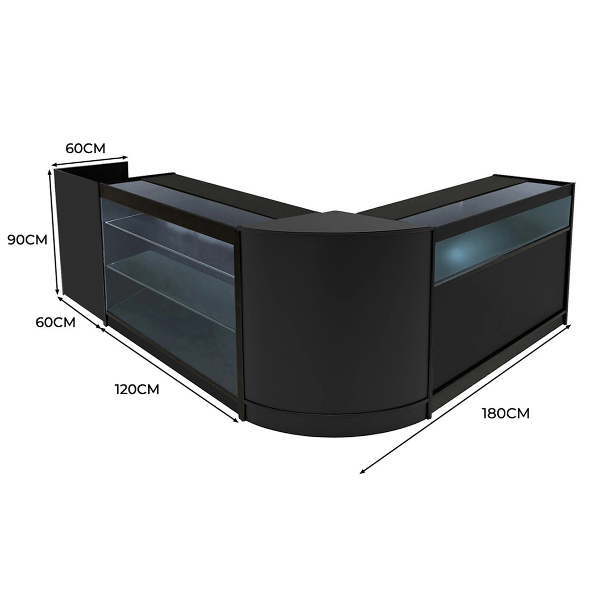 Polaris LED Shop Counter Set in black, featuring sleek glass displays, curved design, and dimensions of 180cm x 120cm x 90cm