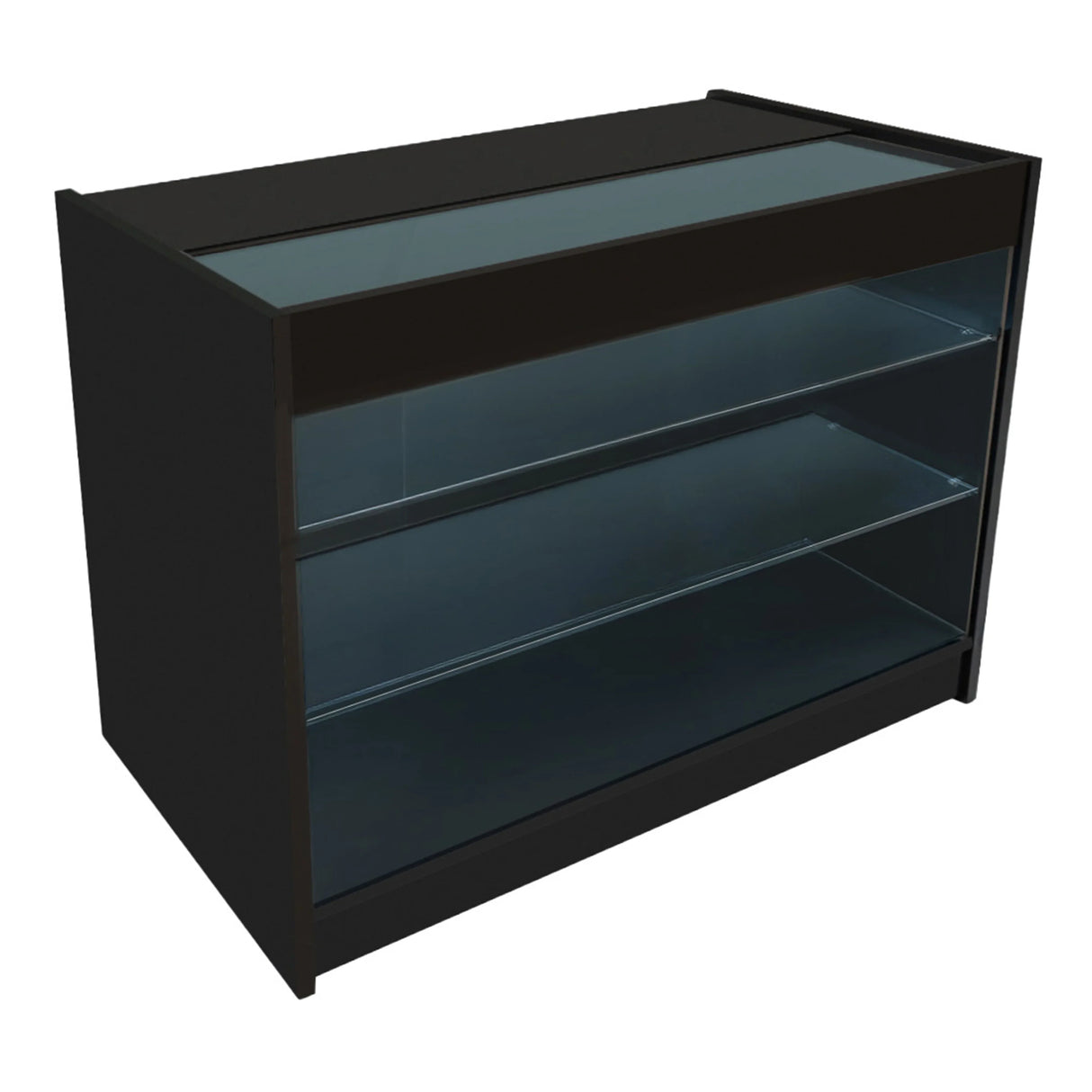 Polaris LED Shop Counter Set in black, featuring a sleek design with a glass top and three transparent shelves for display