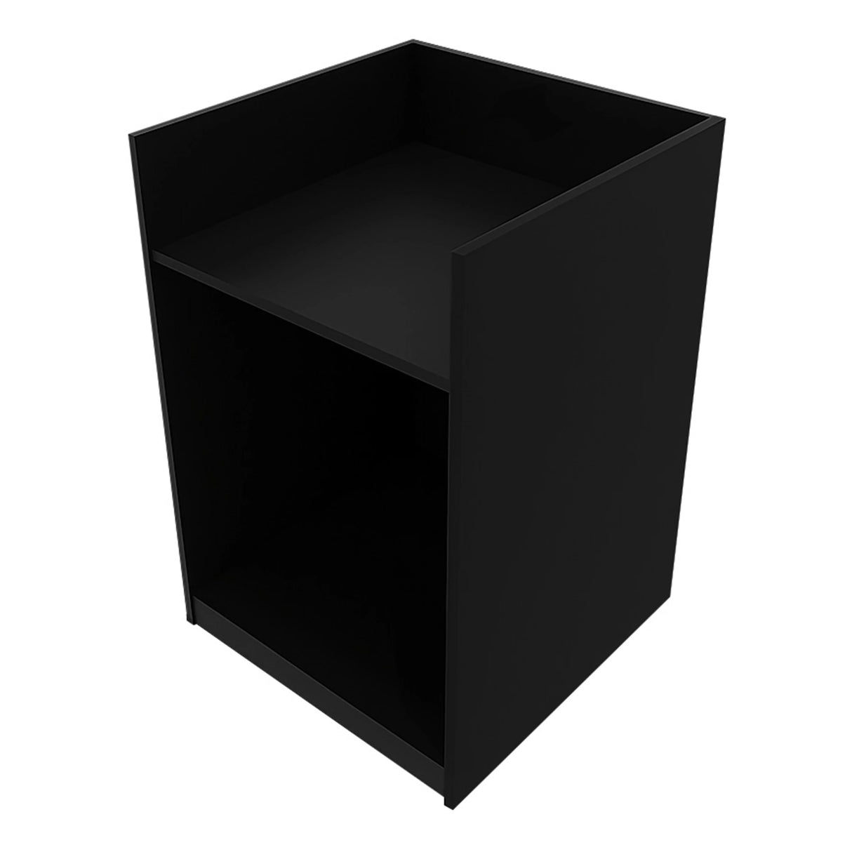 Polaris LED shop counter set in sleek black, featuring a minimalist design with a spacious top and open lower shelf for storage